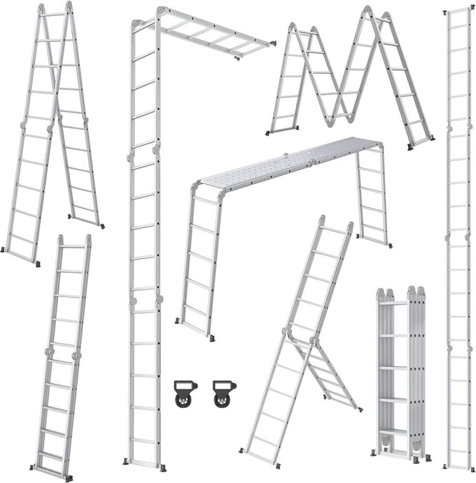6-in-1 Aluminium Vouwladder met Platform en Wielen