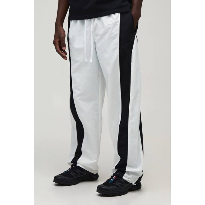 Relaxed Fit Curve Panel and Binding Toggle Hem Nylon Track Pants | White | Size XS