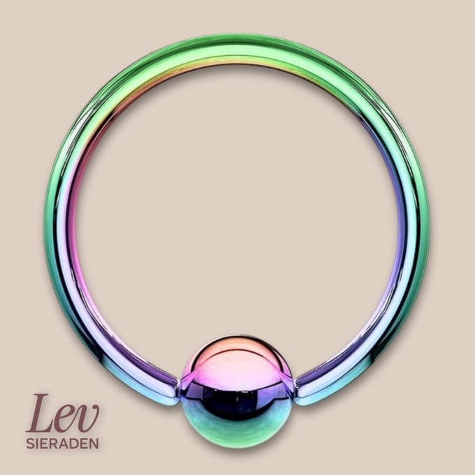Lev Sieraden - Titanium ball closure ring - 1.6 x 16 mm - Rainbow Piercing ring - Tepel piercing