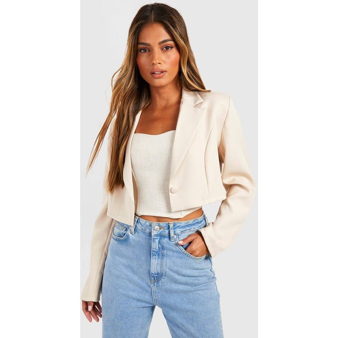 Dames Boohoo Basics Geweven Enkelknop Crop Blazer | Steen | Maat: 44