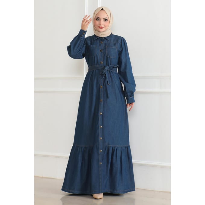 Ruche Detailed Denim Jurk Donkerblauw