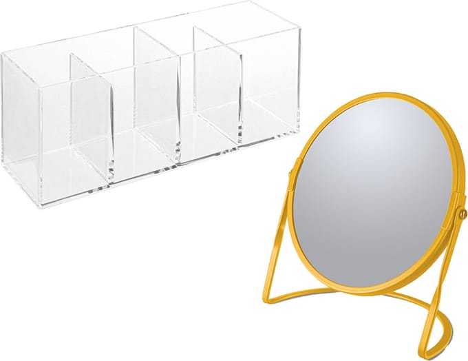 Spirella Make-up organizer en spiegel set - 4 vakjes - plastic/metaal - 5x zoom spiegel - geel/transparant