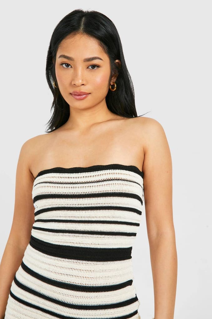 boohoo Dames Petite Haakgestreepte Bandeau Mini Jurk | Creme | Maat: XL