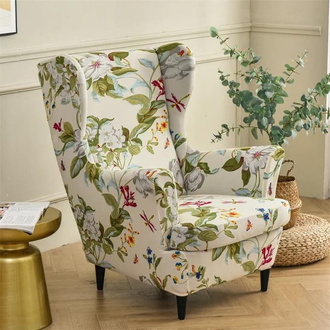 Housse de Fauteuil à Oreilles Imprimée Fleurs Stretch Spandex Housses de Canapé Wingback Élastiques Housses de Fauteuil Relax avec Housse de Coussin d'Assise gray