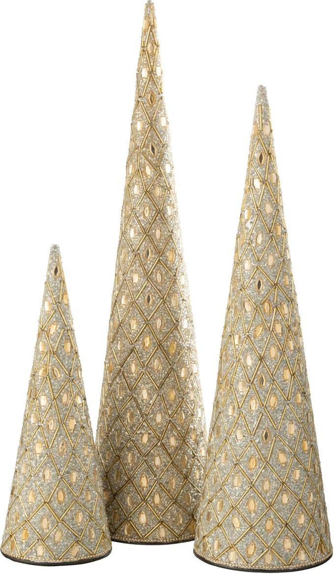 J-Line decoratie Kegel - ijzer/kralen - wit/goudkleurig - set van 3