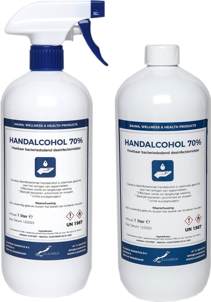 Handalcohol spray 70% - 1 liter met spraykop + 1 liter met dop