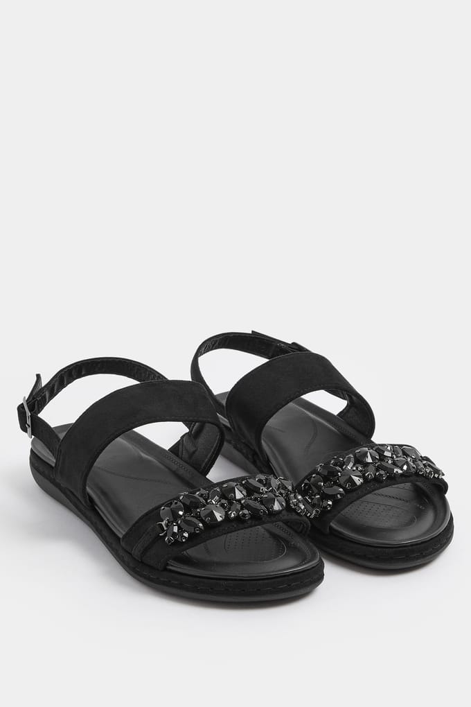 Yours Zwarte Diamante Stone Versierde Sandalen In Extra Wide Eee Fitsize 37EEE