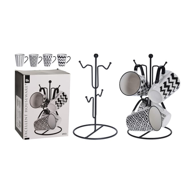 Bekers met Ophangrek - Zwart / Wit - Keramiek - 31 cl - Set van 5