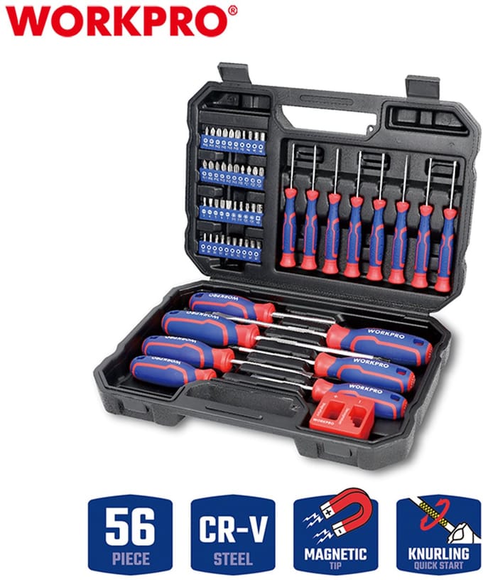 WORKPRO WP200518 Schroevendraaierset – 56-delig – Magnetisch – CR-V – Met Bits, Magnetizer & Opbergkoffer