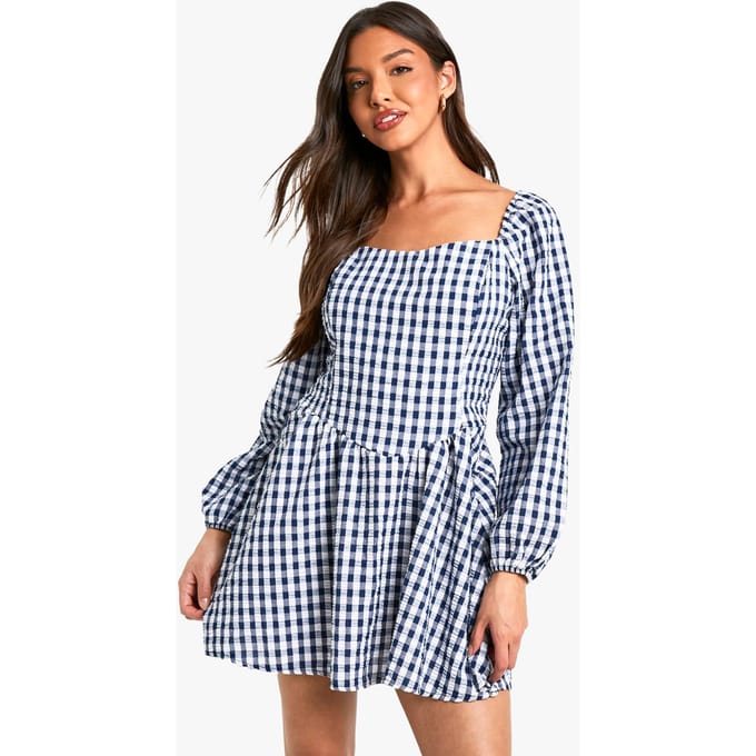 boohoo Dames Gingham Mini Jurk met Lange Mouwen | Navy | Maat: 8