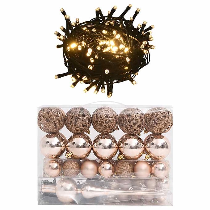 vidaXL - 60-delige - Kerstballenset - met - piek - en - 150 - LED's - roségoud
