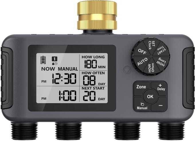 Messing 4-weg watertimer – Besproeiingscomputer voor 4 zones - Besproeiingscomputer - beregeningscomputer - IP66 Waterdichte - Instelbare bewateringstijd en - frequentie per zone