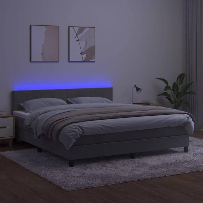 vidaXL - Boxspring - met - matras - en - LED - fluweel - lichtgrijs - 160x200 - cm