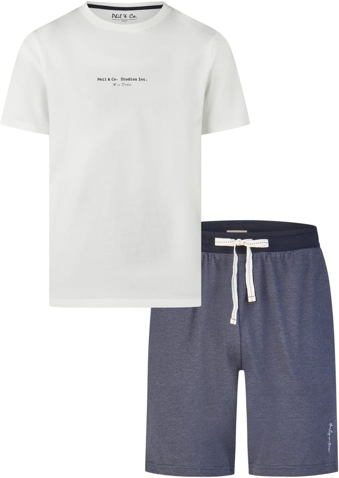 Phil & Co Heren Shortama Korte Pyjama Set Wit/Donkerblauw Gestreept - Maat L