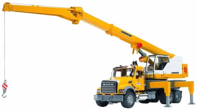 MACK Granite Liebherr Kraanwagen Met Uitschuifbare Telescooparm En Functionele Lier Bruder Op Schaal 1:16