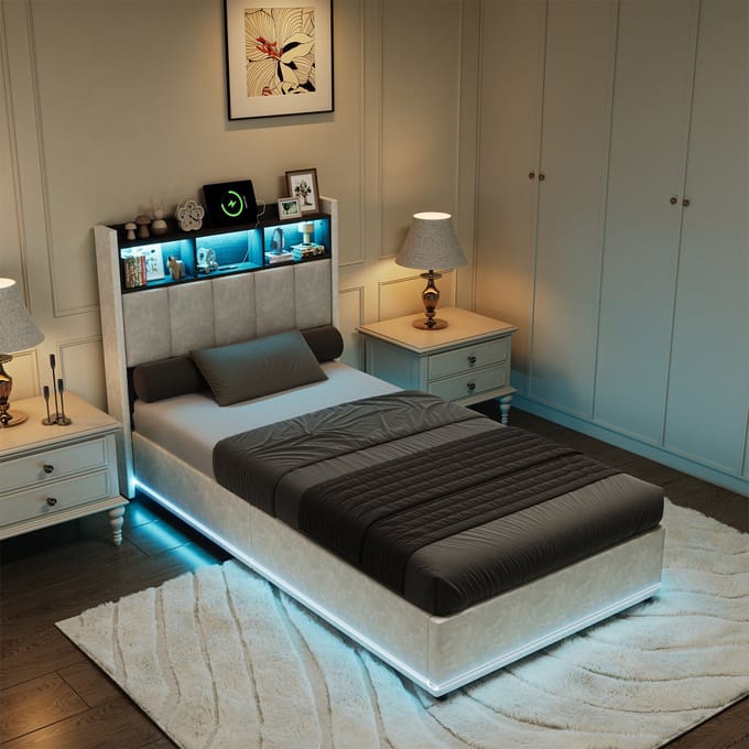 Eenpersoons Opbergbed 90×200 – Wit Fluweel – LED Bedbodem & Hoofdbord – USB & Type-C – Gaslift Opbergruimte