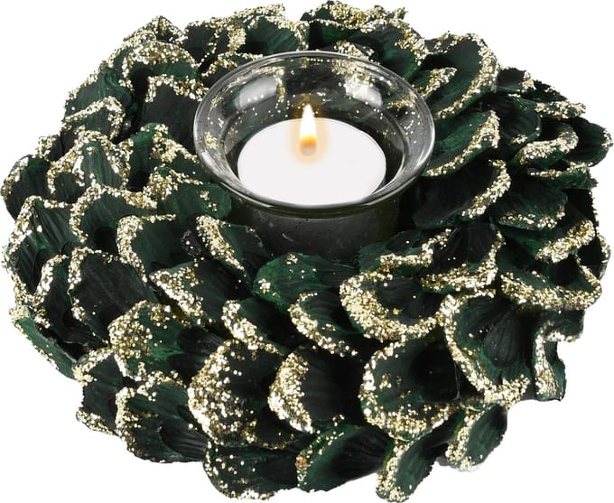 Dekoratief | Tafelstukje m/blaadjes, groen/goud, 16x16x5cm | A245515
