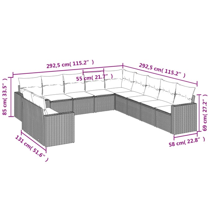 vidaXL - 11-delige - Tuinset - met - kussens - poly - rattan - beige