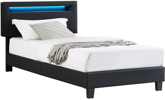 Stoffen bed BENITO 90x200 cm, led-verlichting, zwart kunstleer