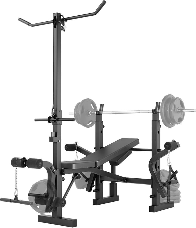 Verstelbare 7-in-1 gewichtbank met squatrek - beenextensie en latpull-down - zware uitvoering voor thuiskrachttraining - zwart