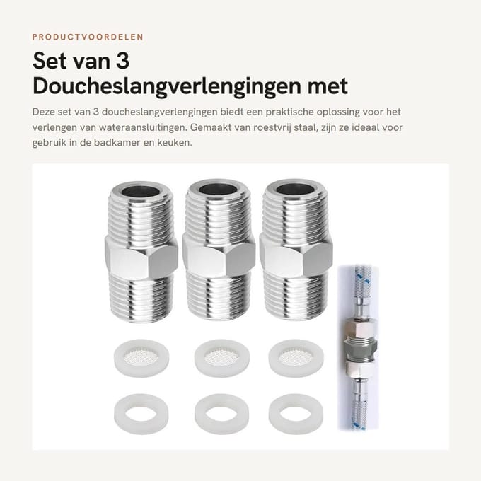 Dailygoods - Set van 3 Doucheslangverlengingen met Afdichtingen