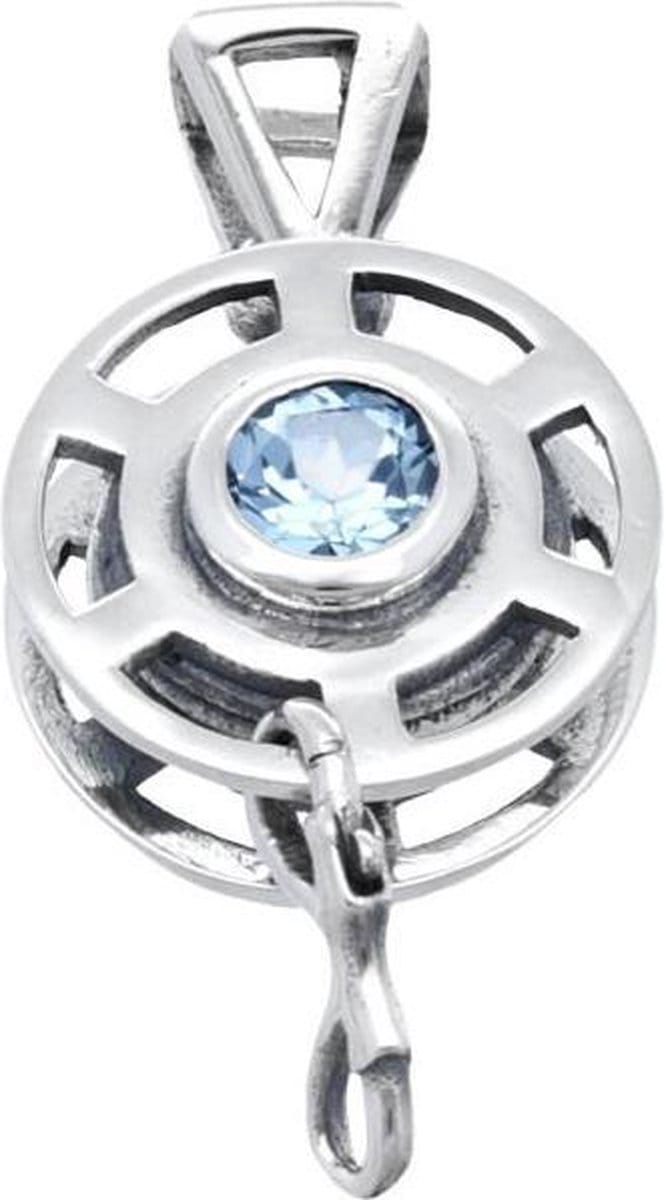 Zilveren Duik reel met blauw kristal kettinghanger