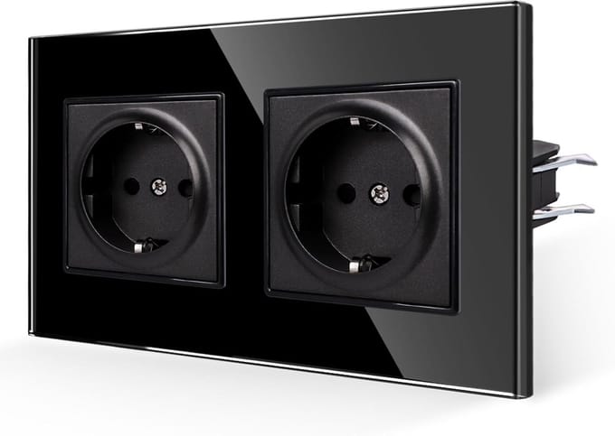 Dubbel Stopcontact - Wandcontact - Stroomvoorziening - Gehard Glas - 157 x 86 mm - Zwart