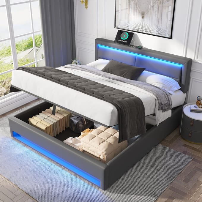 REDOM Bedframe 140x200 cm – PU grijs – Met draadloos laden, LED & opbergruimte – Modern