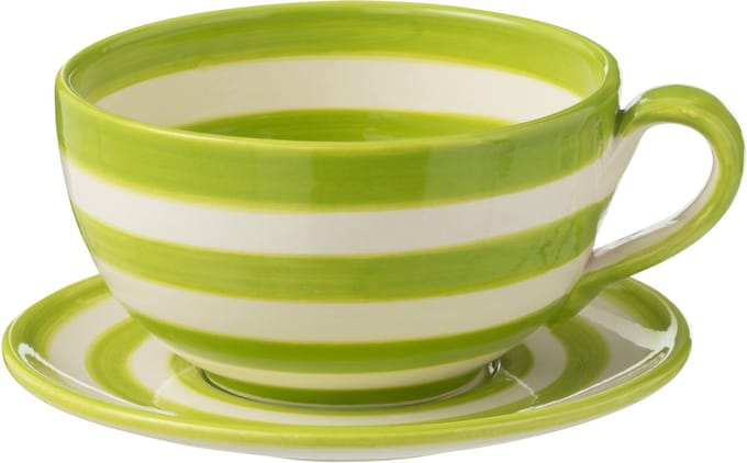 J-Line kopje + schoteltje Granada Stripes - keramiek - wit/groen
