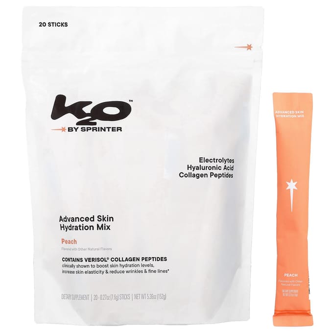 k2o by Sprinter, Geavanceerde Huid Hydratatie Mix, Perzik, Pak van 20 Sticks, Elk 7,6g