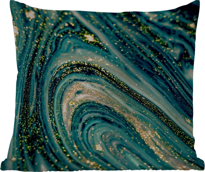 Sierkussen Buiten - Marmerlook - Luxe - Goud - Turquoise - Glitter - 60x60 cm - Weerbestendig