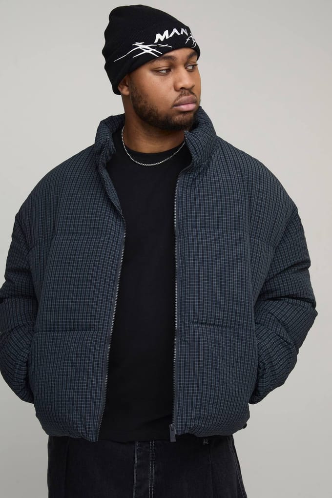 Plus Oversized Check Ripstop Funnel Neck Puffer Jacket | Navy | Size 2XL