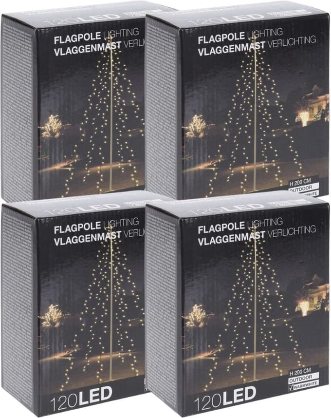 Kerstverlichting - Vlaggenmast - 4 stuks - 120 LED's - Hoogte: 200 cm - Warm wit