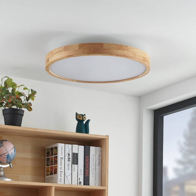 Lindby LED plafondlamp Lanira, Ø 60 cm, hout, afstandsbediening, CCT
