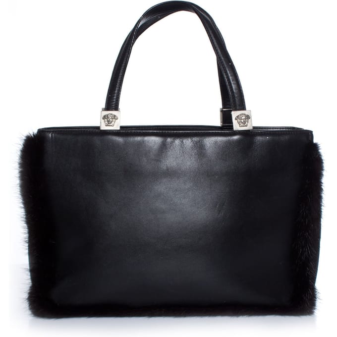 Gianni Versace zwarte leren handtas met bont