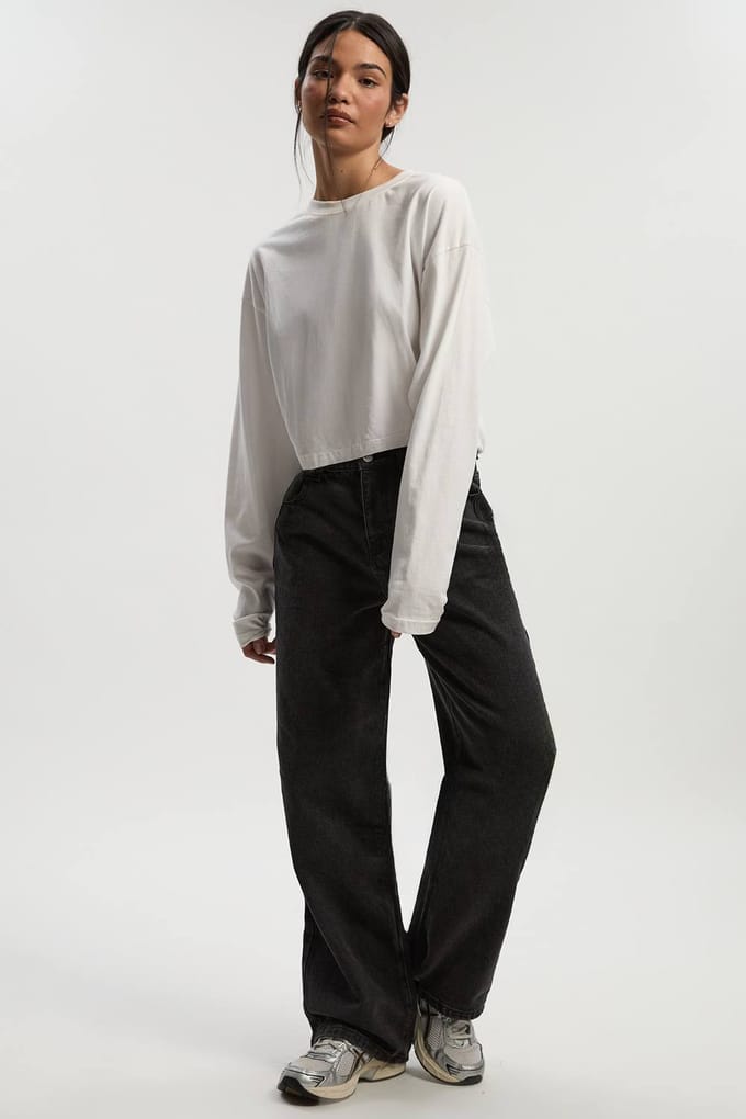Dames Boohoo Basics Wide Leg Jeans | Washed Black | Maat: 16/32L