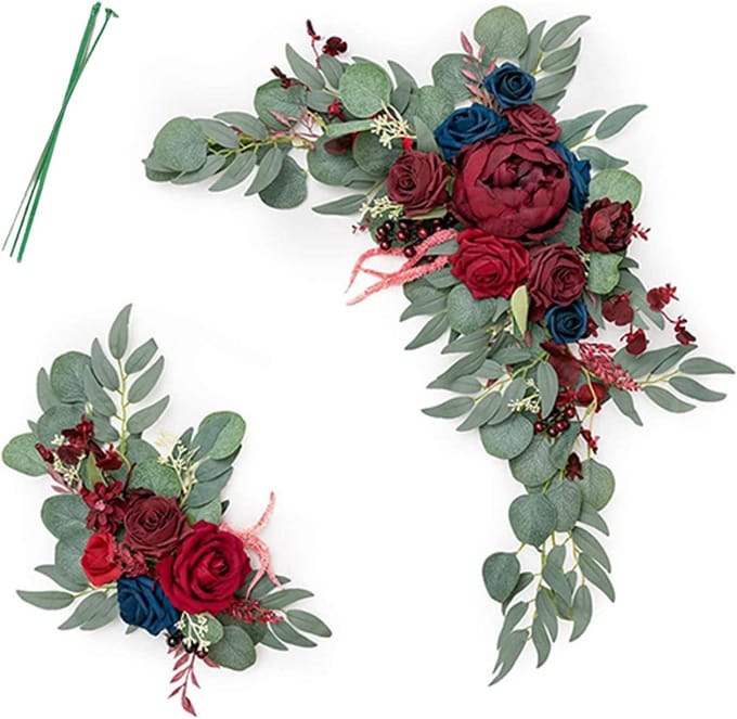Bruiloft Boog Bloemen - Kunstbloem Swag - Ceremonie Decoratie - Set van 2 - Groot 50cm - Donker Rood