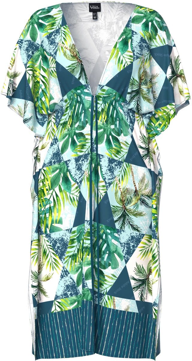 Ulla Popken - Dames - Kaftan palmen V-hals halflange mouwen - Donkerpetrol - Maat 2+