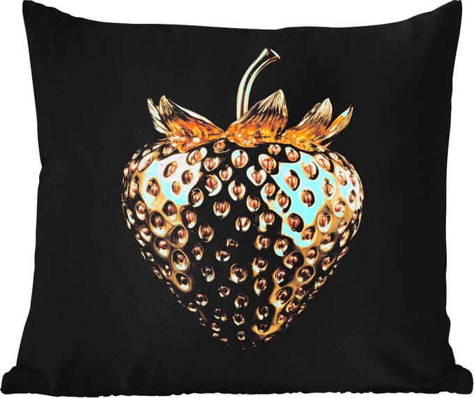 Sierkussen Buiten - Aardbei - Goud - Zwart - Chrome - 60x60 cm - Weerbestendig