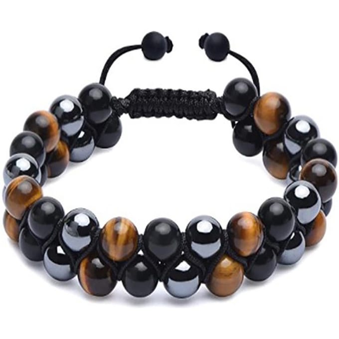 Bracelet Œil de Tigre 8mm Œil de Tigre Perles de Pierre Noire Bracelet Cordon Élastique Ajustable Double Couche black