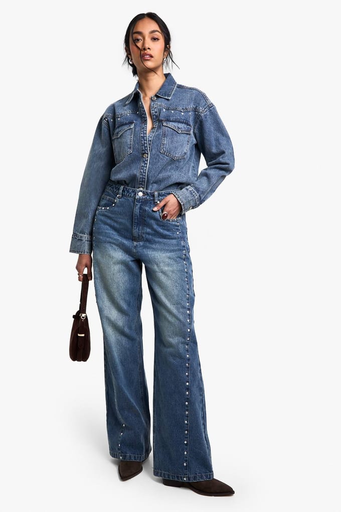boohoo Dames Studded Western Denim Shirt | Mid Blue | Maat: 16