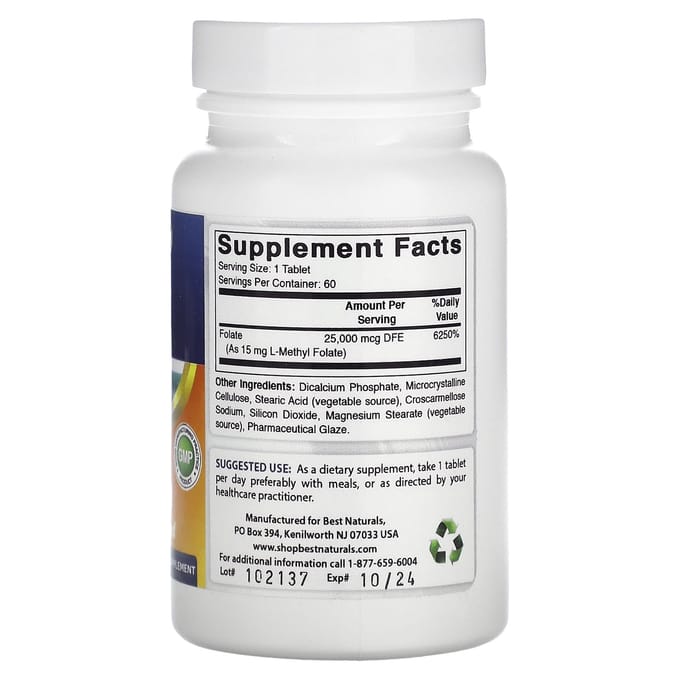 Best Naturals, l-Methyl Foliumzuur, 15.000 mcg, 60 Tabletten