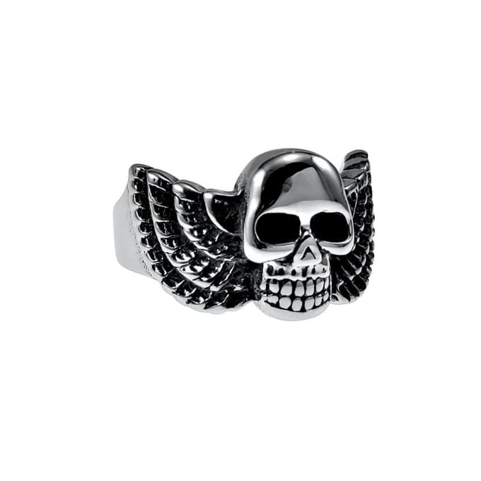 Ring Unisex - Gepolijst RVS - Schedelkop Ring met Engelenvleugels Dames - Heren
