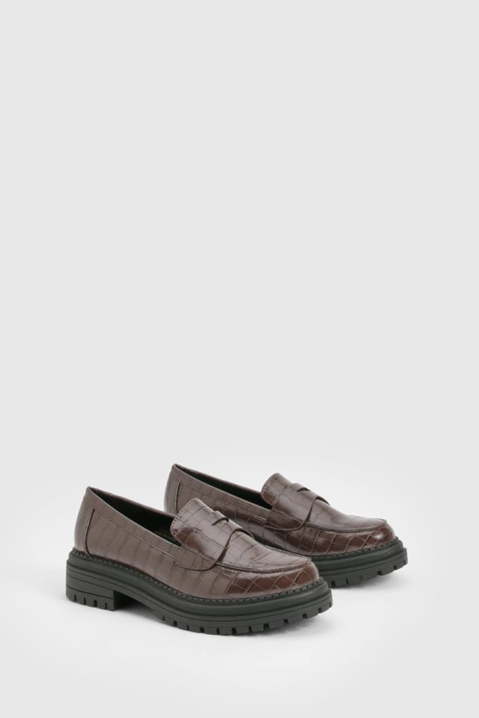 boohoo Dames Chunky Croco Banddetail Loafers | Chocolate | Maat: 3