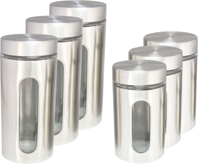 HI Set 6x keuken voorraadpotten - glas/rvs - 2 formaten - luchtdicht - vaatwasserbestendig