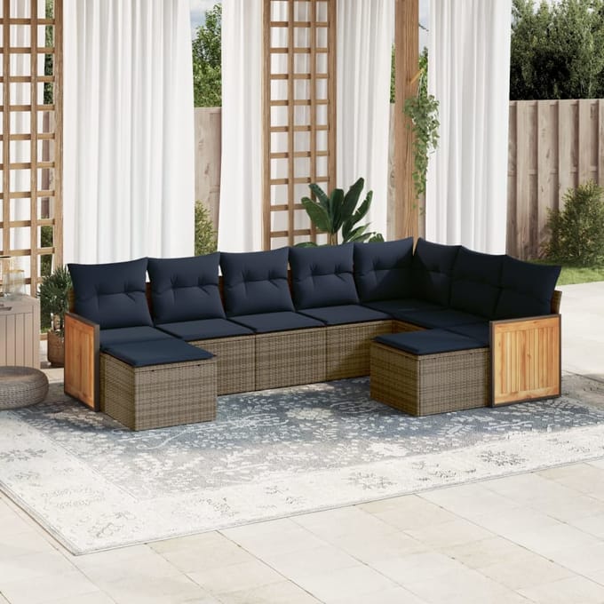 vidaXL - 9-delige - tuinbankset - met - kussens, - grijs - polyrotan