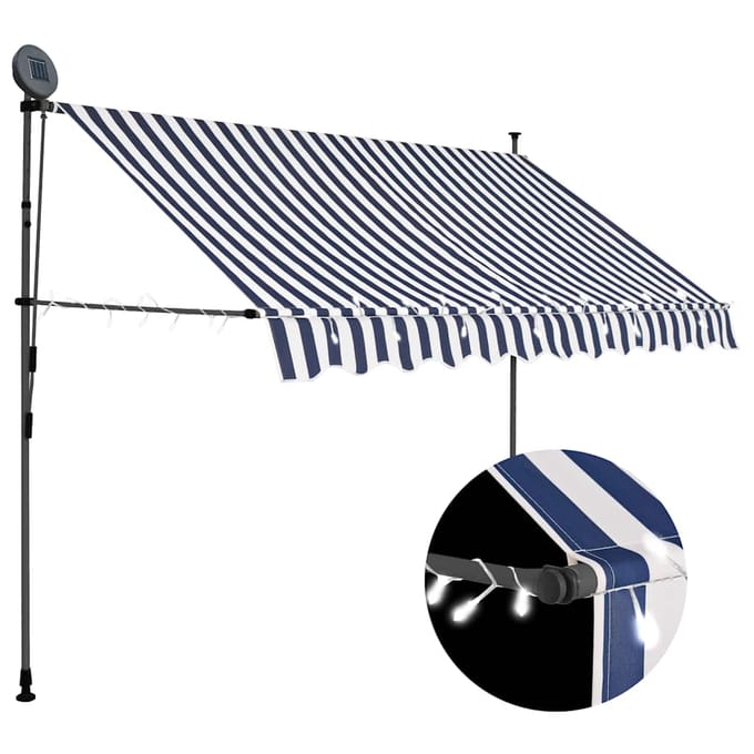 vidaXL - Luifel - handmatig - uitschuifbaar - met - LED - 300 - cm - blauw - en - wit