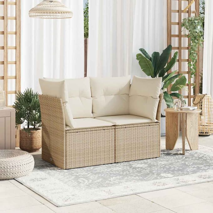 vidaXL - Tuinbank - 2-zits - met - kussens - poly - rattan - beige