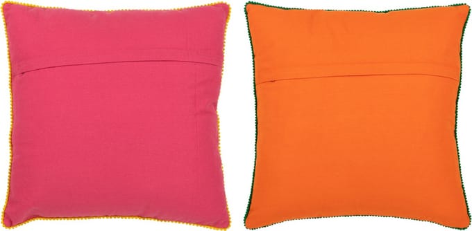 J-Line kussen Bloemen Geborduurd - katoen/polyester - oranje/roze - 2 stuks