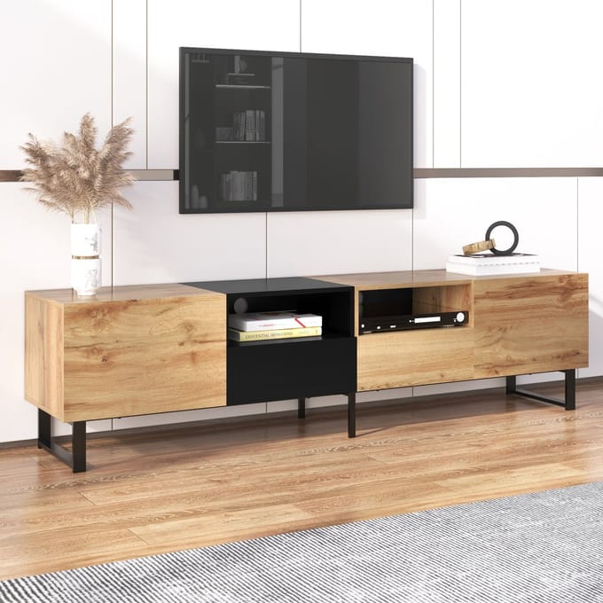 Moderne TV-standaard - Zwart en Houtkleuren - Ruime Opbergruimte - Robuuste Constructie